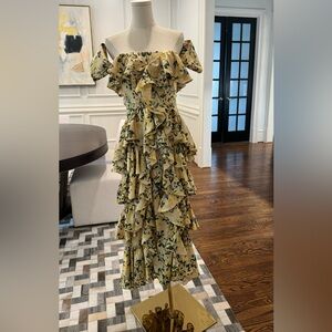 Yellow floral off shoulder ruffle maxi dress size 4.